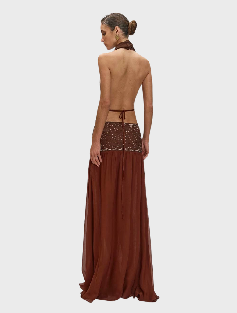 Brown Carrie dress laid flat, highlighting its soft fabric and stylish silhouette, perfect for various events.