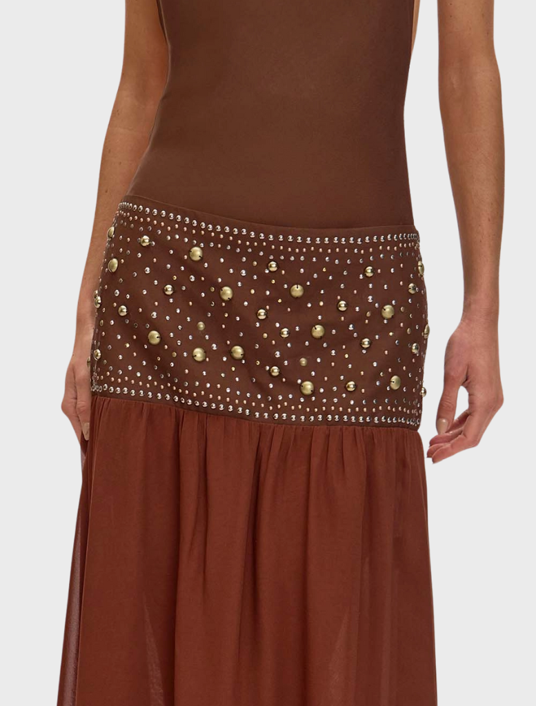 Elegant brown Carrie Dress with a tailored fit, ideal for both casual and formal events, showcasing timeless style.