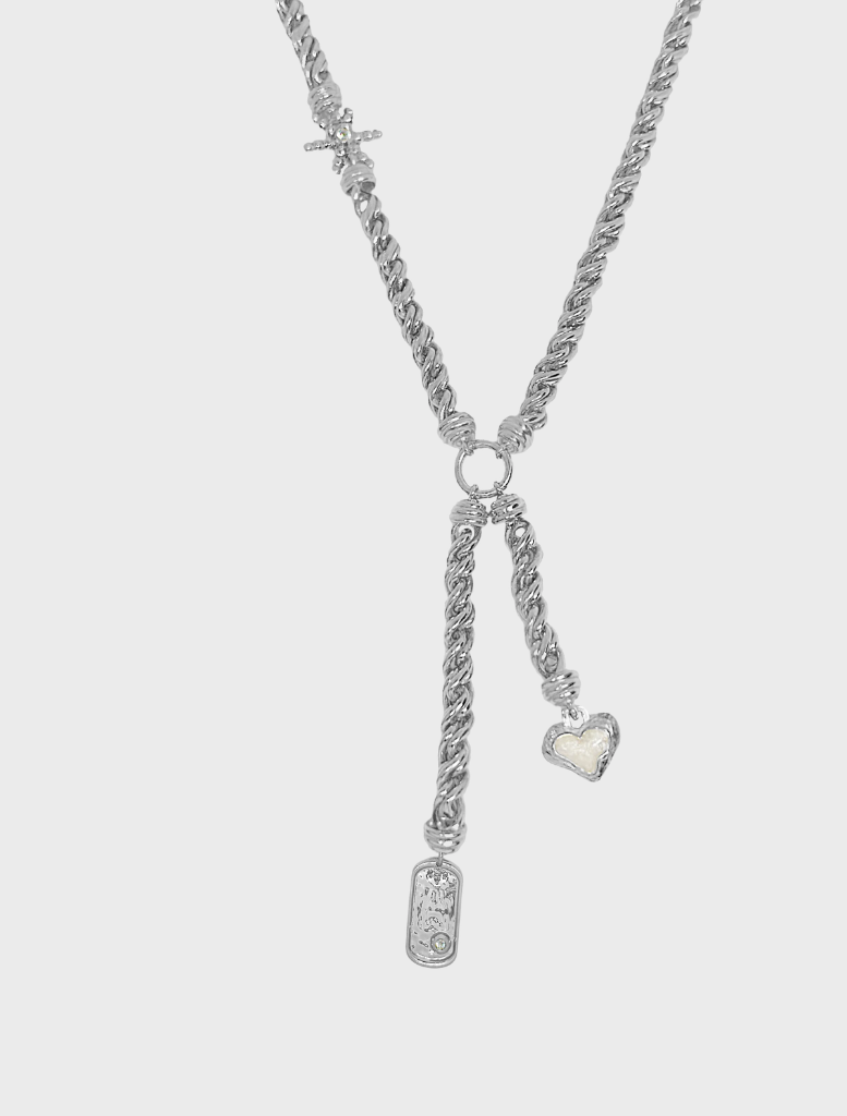 Silver Cassia necklace featuring an elegant design with intricate detailing and a polished finish.