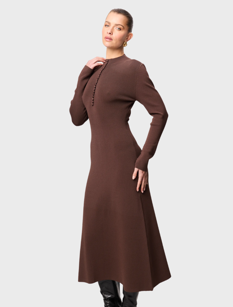 Stylish chocolate Windsor midi dress with a tailored bodice and a graceful skirt, suitable for special occasions.