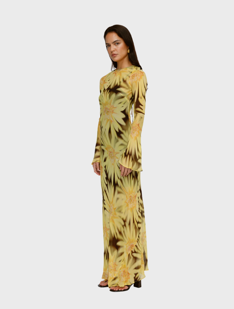 Lottie Maxi Dress in Chocolate Sunflower pattern, featuring a flowing design and vibrant floral print.