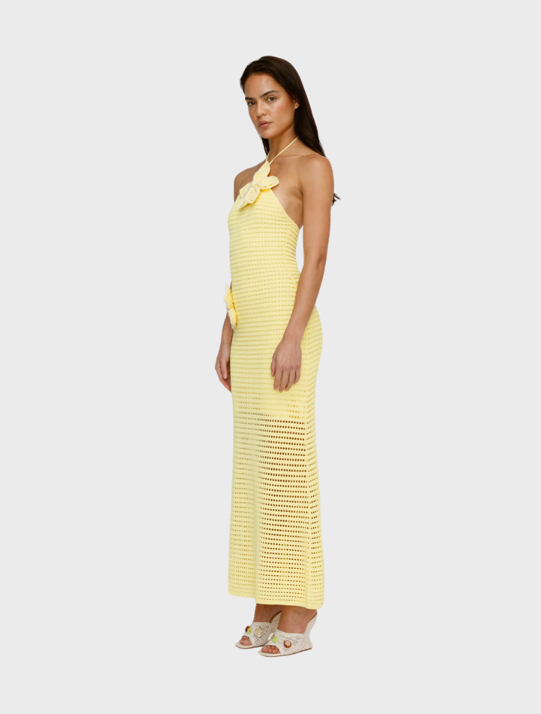 Woman in a sleeveless, light yellow crochet maxi dress with floral accents stands sideways. She wears wedge sandals on a plain white background.