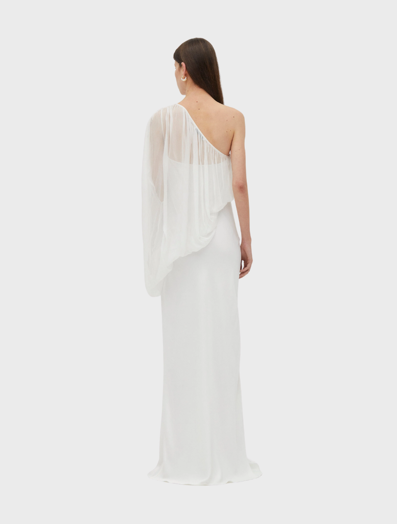 Elegant one-shoulder floor-length dress in a soft cloud color, perfect for formal occasions and special events.
