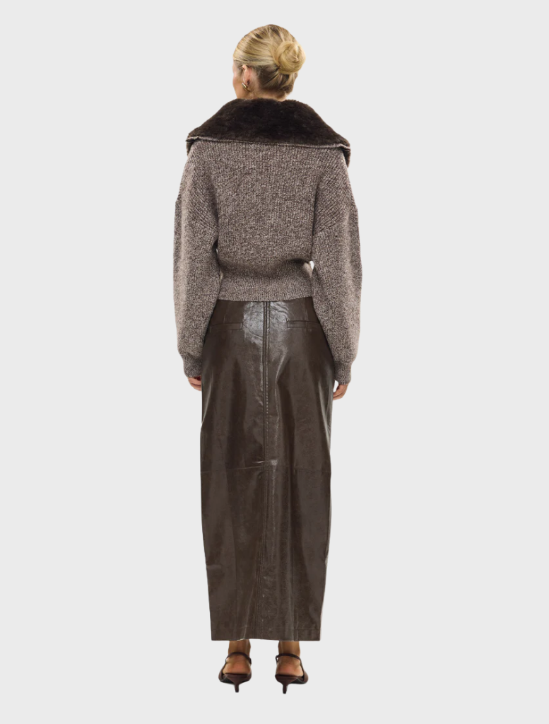 Ruby wool knit cardigan in chocolate marle, designed for warmth with an open front and a chic, casual look.