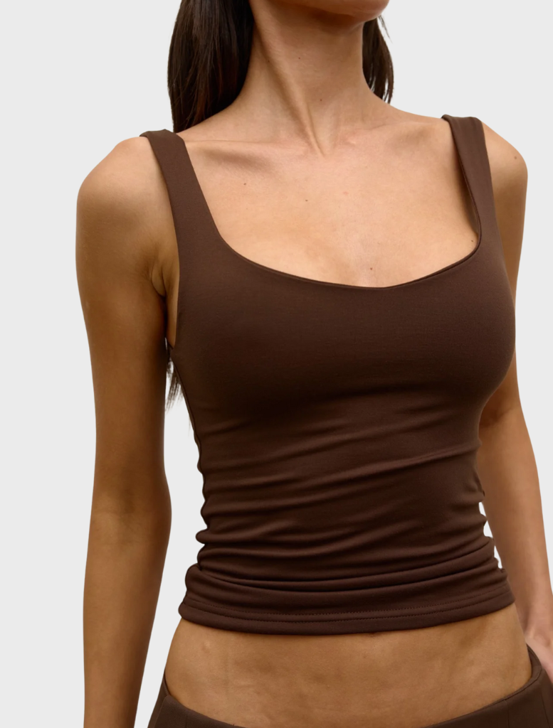 A Ray Tank in rich chocolate hue, featuring a contemporary design ideal for enhancing interior spaces.