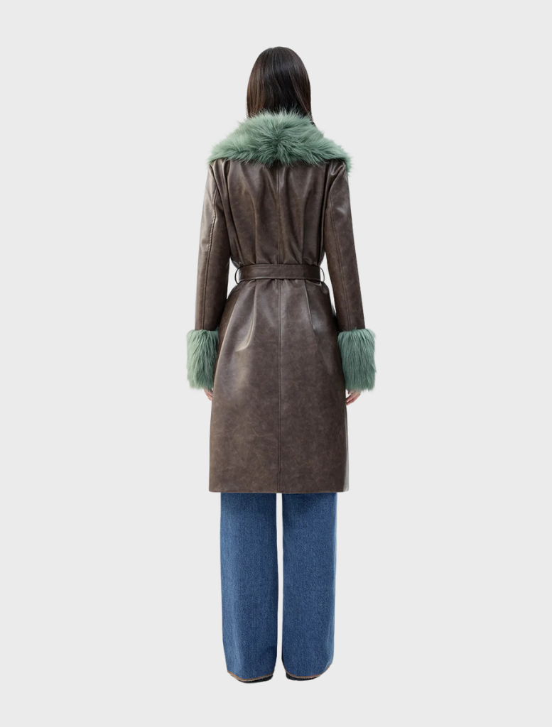 Chocolate Sage Empathy Coat, showcasing a modern silhouette and cozy material, ideal for chilly weather.