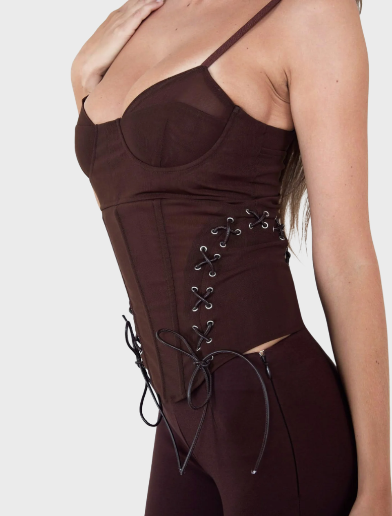 Elegant chocolate corset from Christina, designed to accentuate curves with its tailored fit and stylish details.