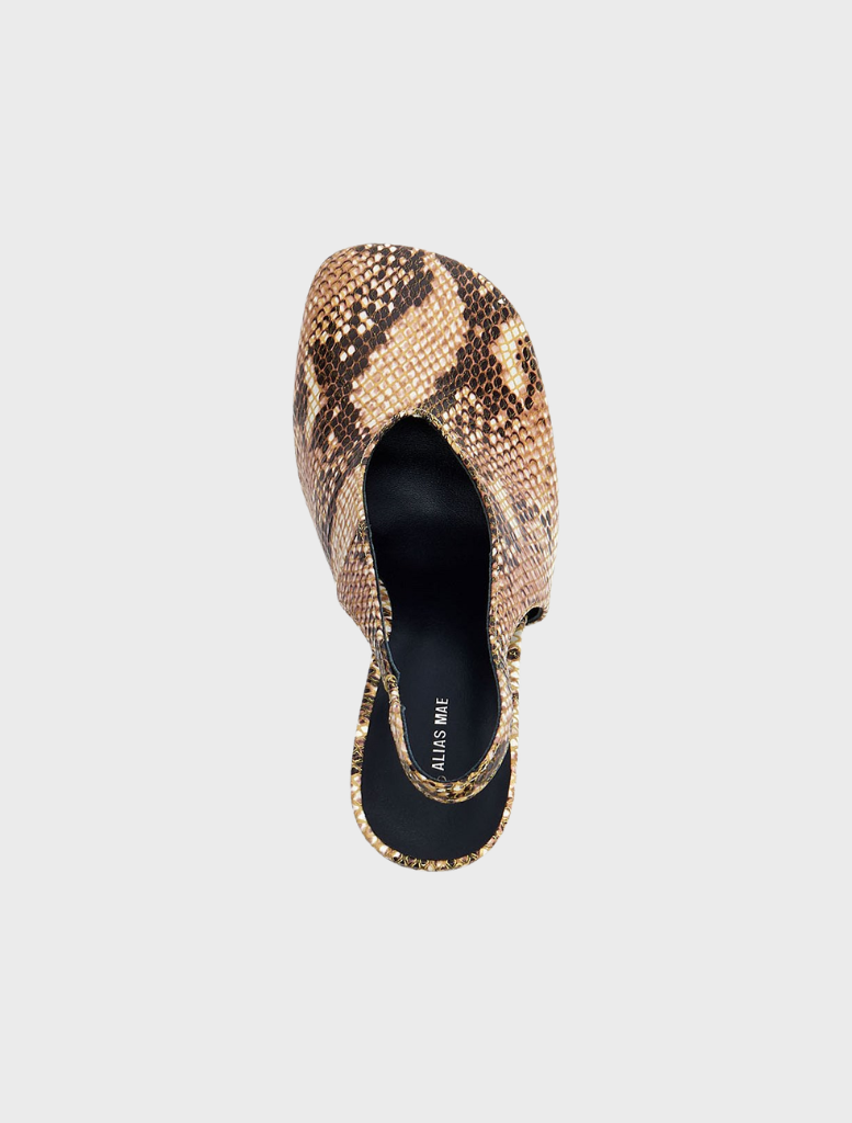 Elegant Claire heel pump made from sand snake python skin, featuring a trendy slingback design for added style.