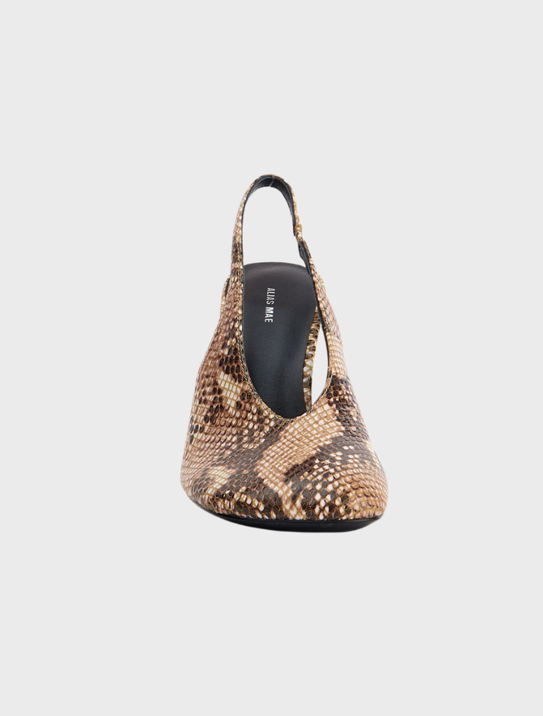 Sand snake python skin sling pump named Claire, designed with a sophisticated heel for a fashionable look.