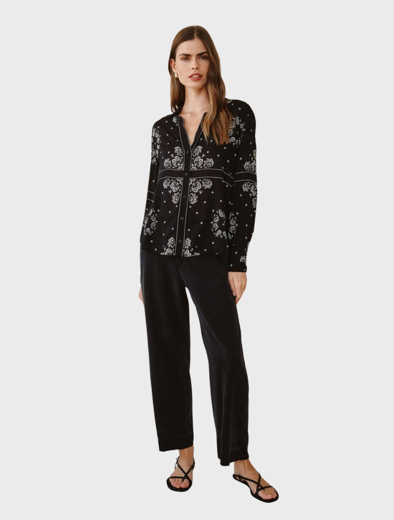 Classic button-down shirt featuring a vibrant bandana print in shades of blue and white.