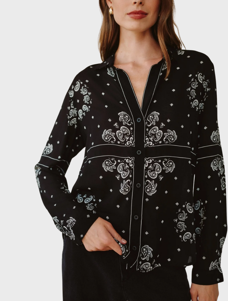 Classic button-down shirt with a striking bandana print design, featuring a mix of blue and white colors.