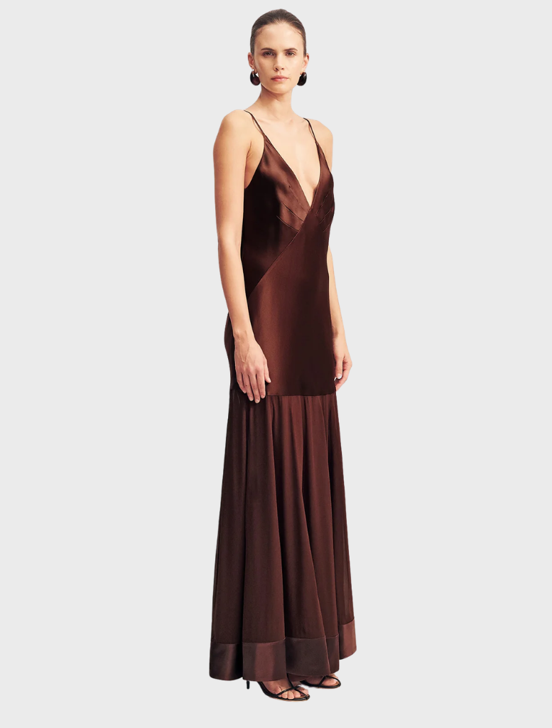 Elegant Moraya Plunged Maxi Dress in coffee, showcasing a plunging neckline and a graceful, flowing design.