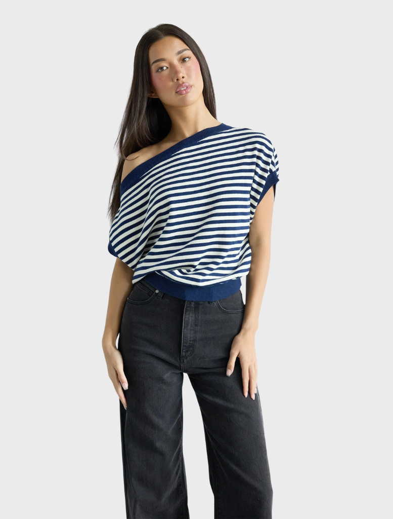 Blue striped cold shoulder knit top with short sleeves and an open shoulder design, perfect for casual wear.