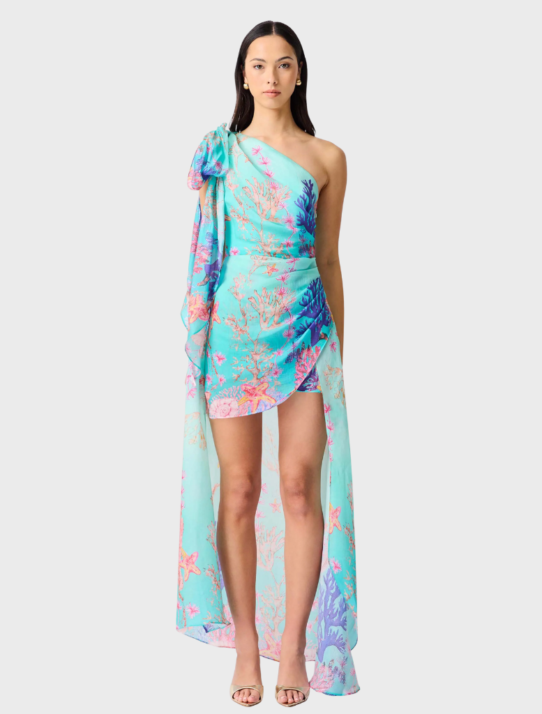 Coral asymmetrical gown in blue and multi colors, featuring a flowing design and elegant silhouette.
