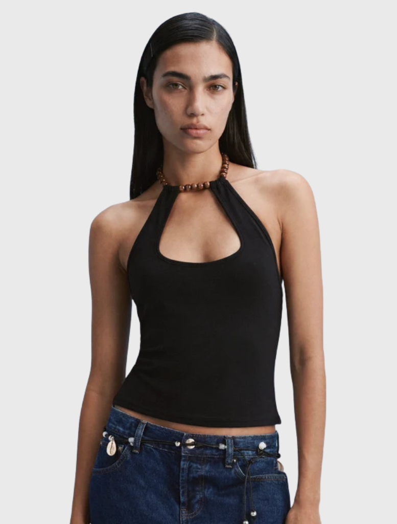 Black halterneck top with a keyhole front, low scooped back, and beaded neck tie, designed for a close-to-body fit.