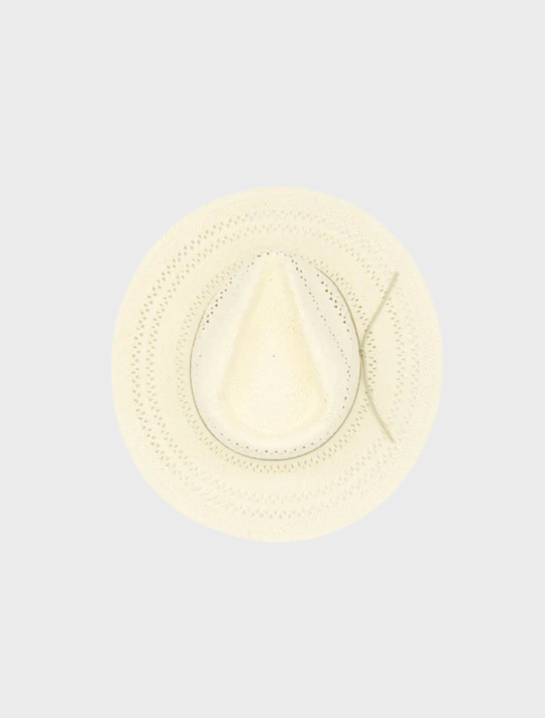 Elegant white Debra Fedora hat set against a simple background, emphasizing its stylish and timeless appearance.