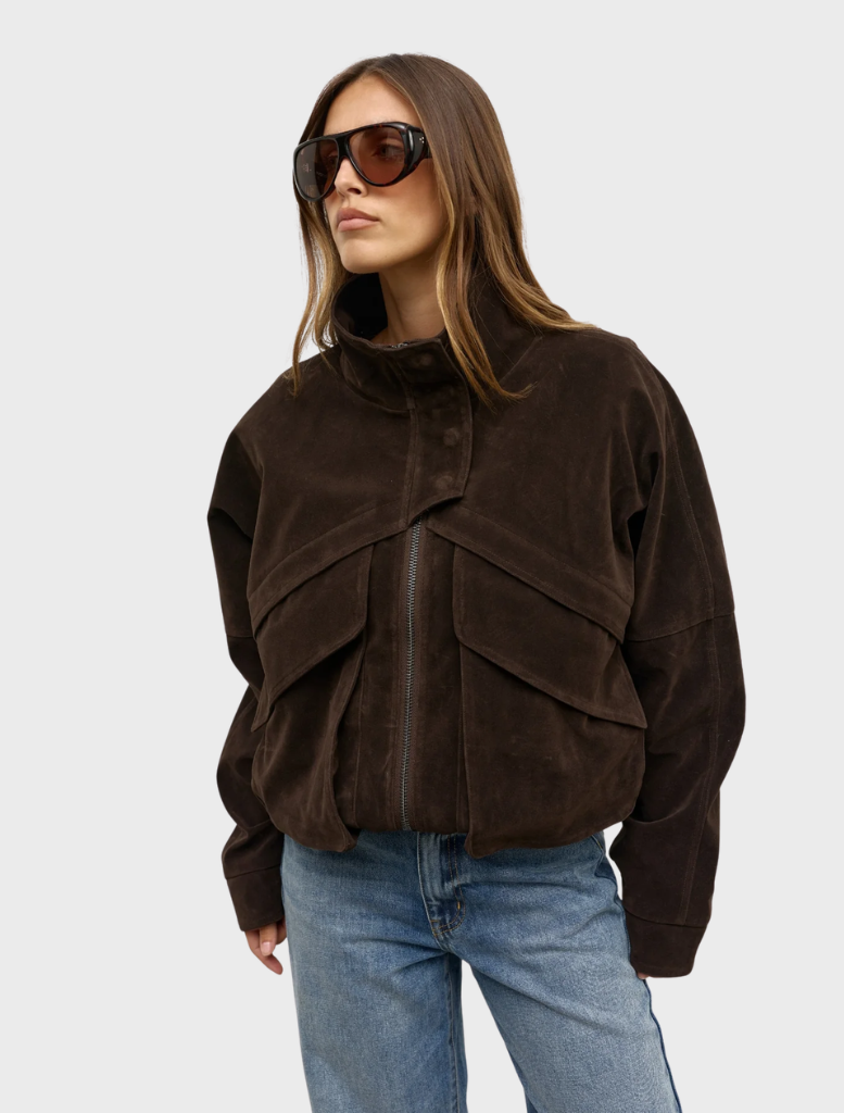 Inez jacket in deep brown, showcasing a stylish cut and fabric texture, ideal for both casual and formal wear.