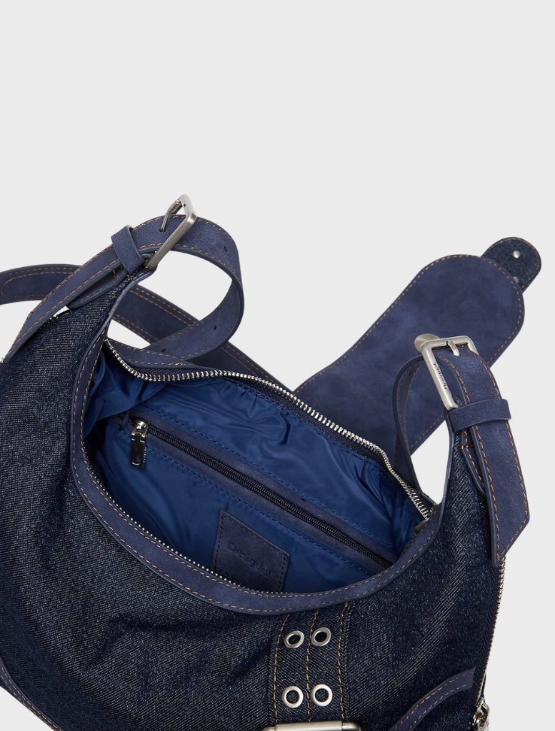Dark blue denim shoulder bag featuring a modern design, perfect for everyday errands and casual outings.