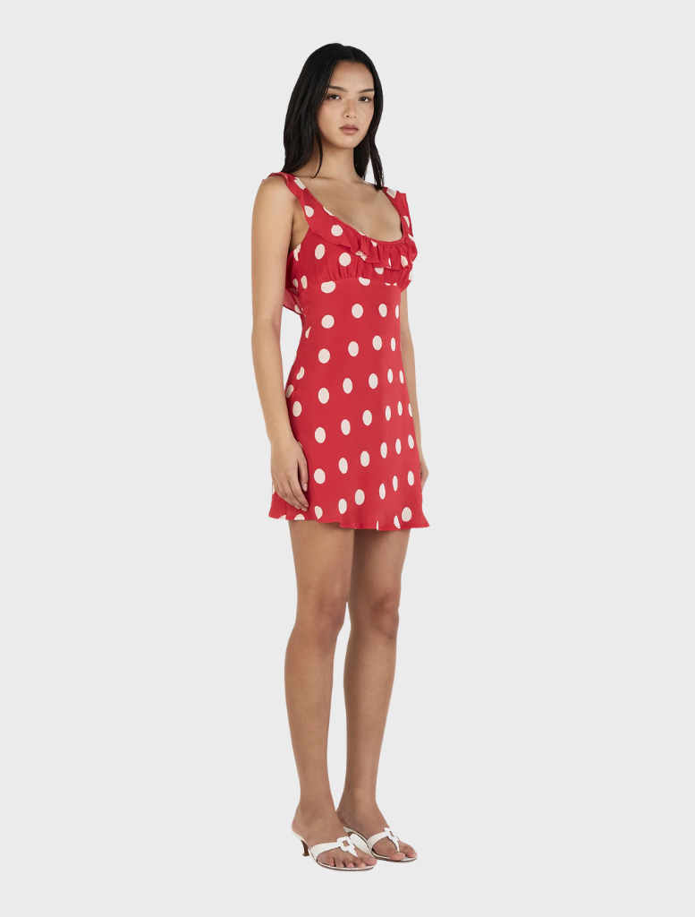 Cheerful red polka dot mini dress with a tailored fit and short sleeves, suitable for casual summer events.