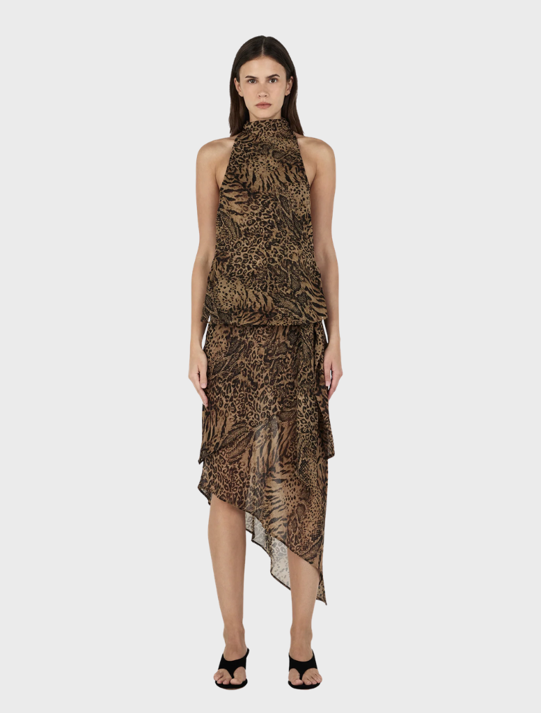 Model wearing a brown and black animal print dress, the Ramona Top - Sirocco, showcasing a stylish and bold design.