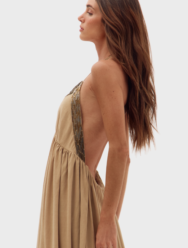 Khaki Fendi Dessire Dress displayed on a mannequin, showcasing its elegant design and fabric texture.