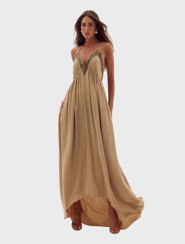 Khaki Fendi Dessire Dress displayed on a mannequin, showcasing its elegant design and fabric texture.