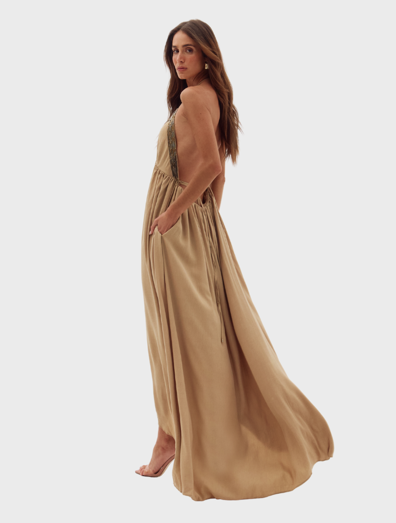 A khaki Fendi Dessire Dress laid flat, featuring its sophisticated cut and luxurious fabric.