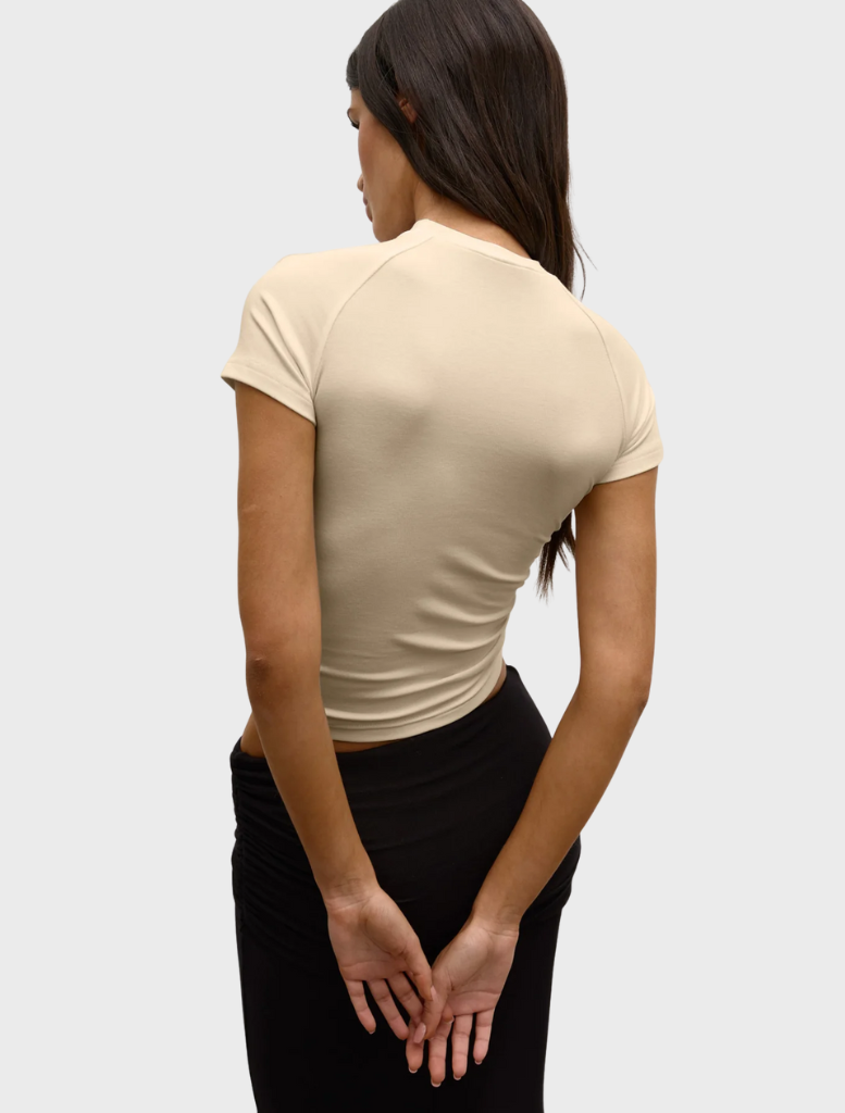 Almond Dillon raglan t-shirt with stylish contrasting sleeves, ideal for casual outings and comfortable wear.