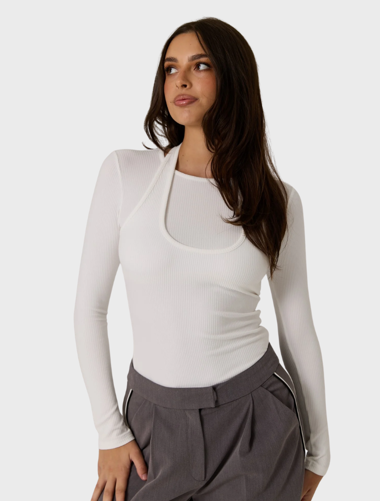 Stylish white double layer top, crafted for a flattering fit and suitable for both day and evening wear.