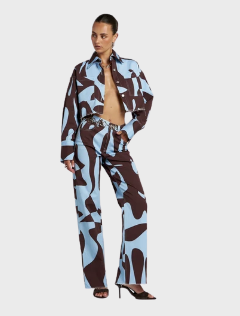 Easy Jean with a modern high waist and straight leg, featuring unique Mirage artwork for a stylish, comfortable look.