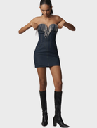 Denim mini dress in deep blue, designed with a flattering fit and short sleeves, perfect for summer gatherings.