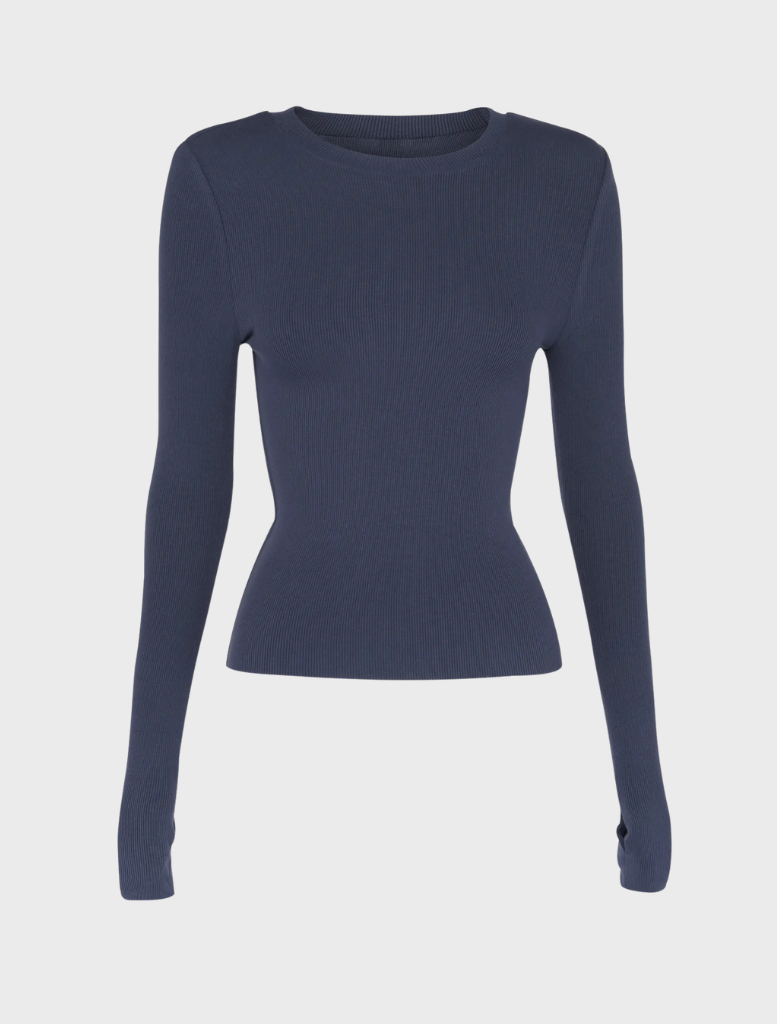 Stylish sapphire top with a smooth texture, round neck, and short sleeves, suitable for both casual and formal wear.