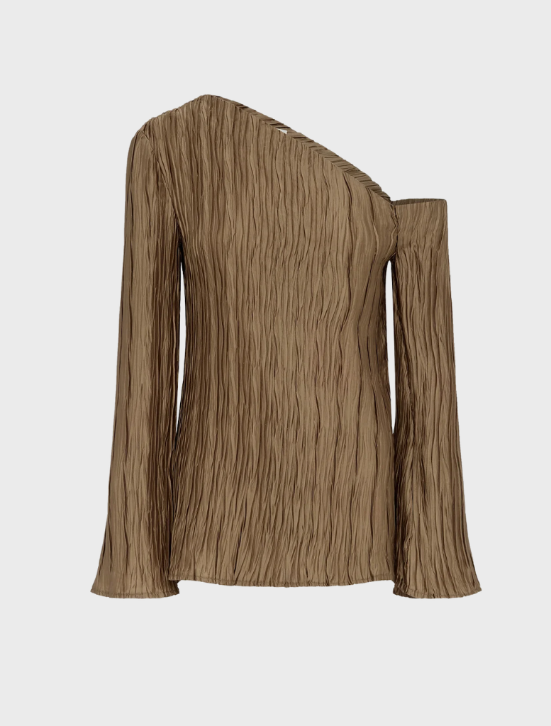 Leda asymmetrical long sleeve top in oak, designed for a unique and fashionable look with a modern twist.