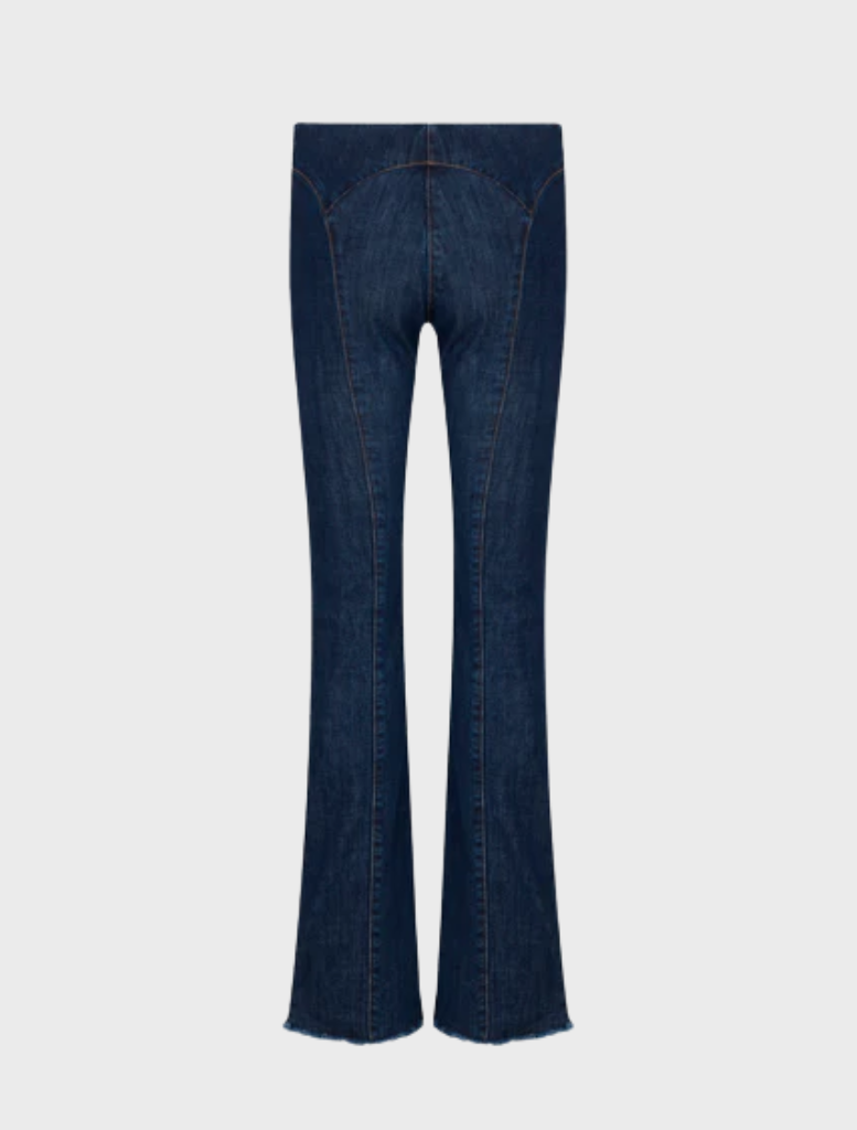 Lace-up dark wash jeans with a fitted silhouette, featuring a stylish lace-up front and classic five-pocket design.