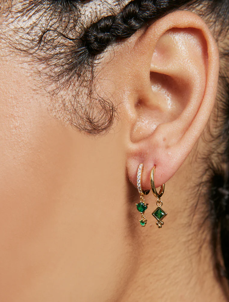 Close-up of green Elsa Sleepers Earrings, emphasizing their unique shape and color, perfect for any occasion.