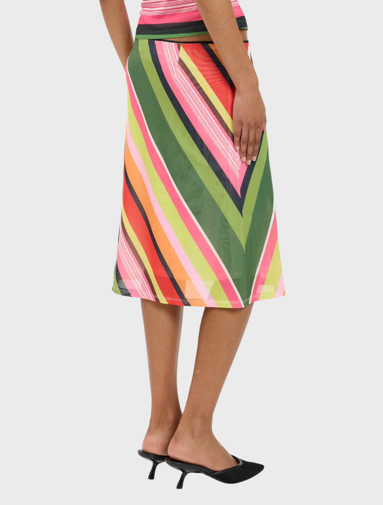 A mesh midi skirt featuring an emerald green stripe pattern, elegantly draping to mid-calf length.