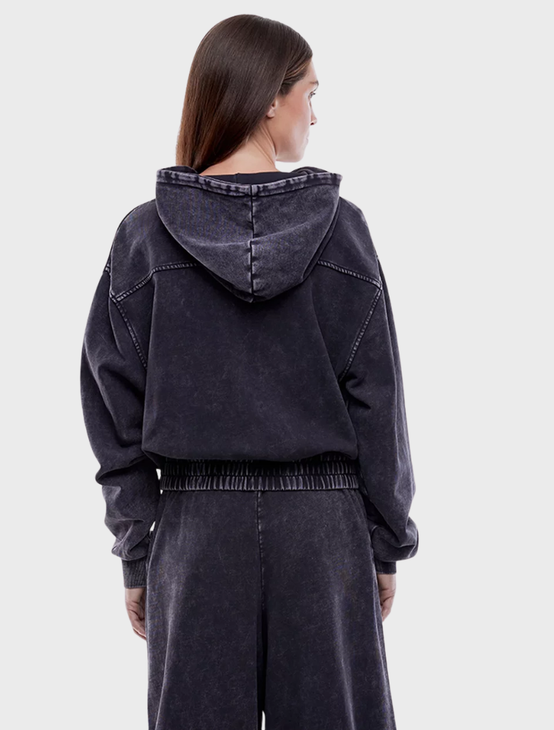Terry EP Zip Thru Hoodie in a washed charcoal color, showcasing a zip front and a cozy, relaxed design.