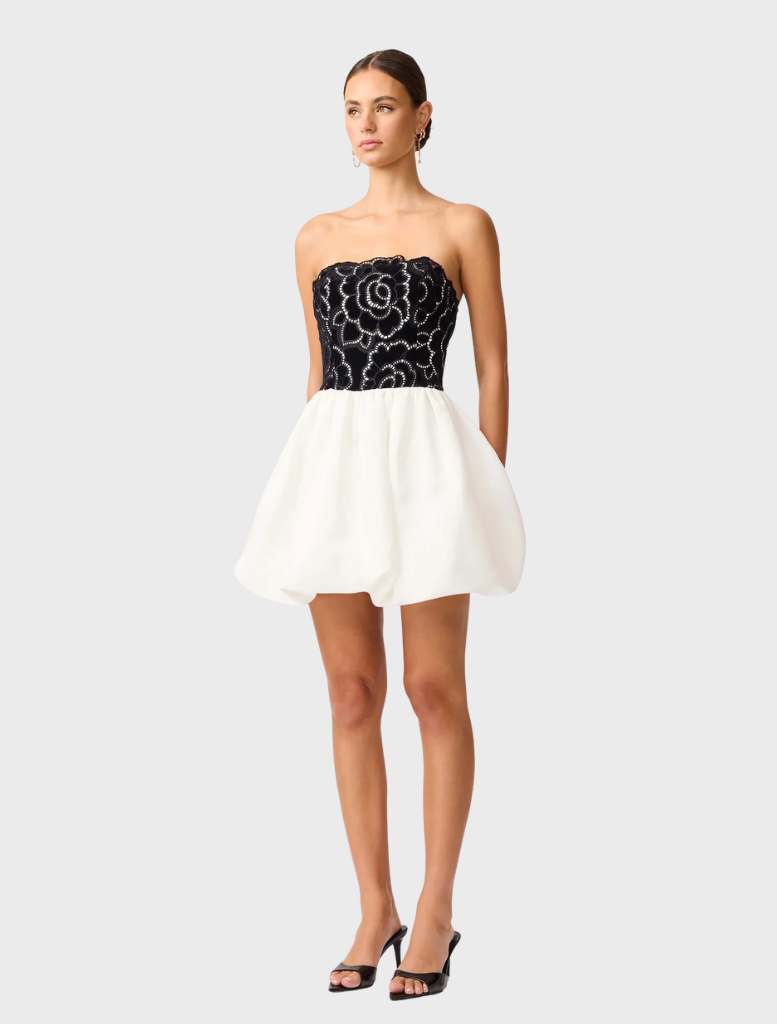 Chic black and white strapless mini dress, designed with a fitted shape for a fashionable and trendy appearance.