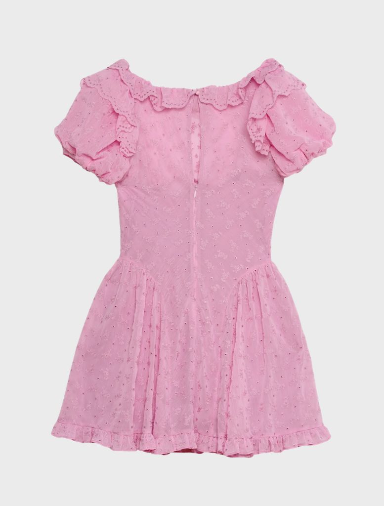 Pink Hamptons Eyelet Mini Dress featuring intricate eyelet detailing and a feminine silhouette.
