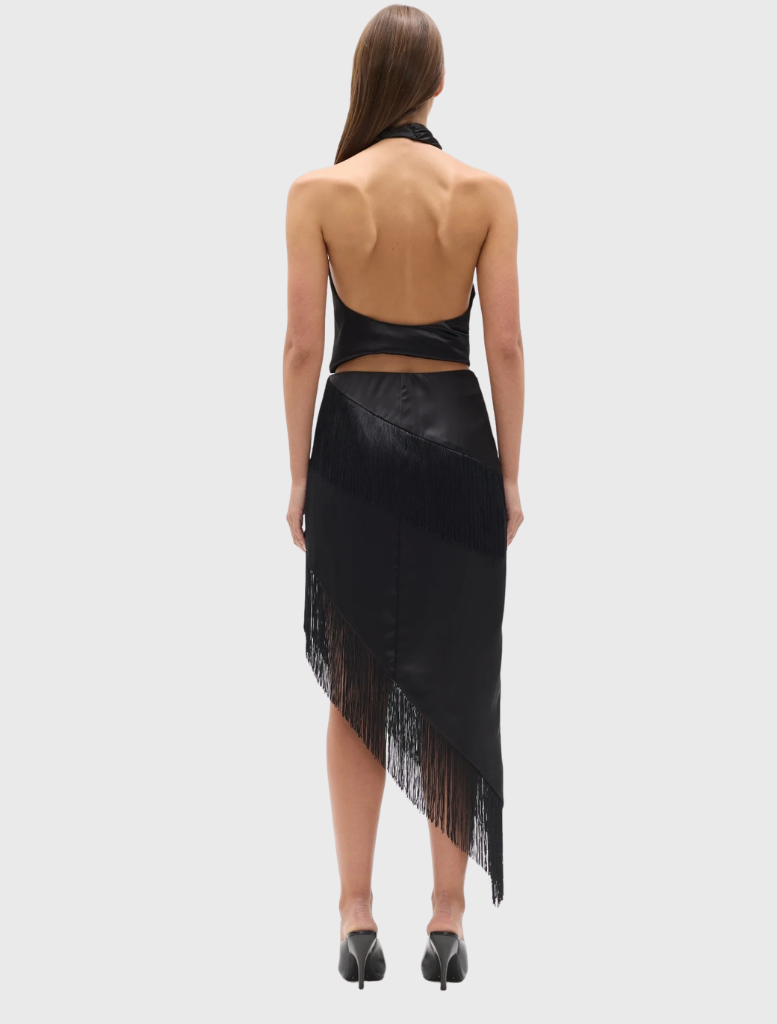 Asymmetric black midi skirt with cascading fringe panels, high-rise waist, and concealed side zip for a sleek fit.