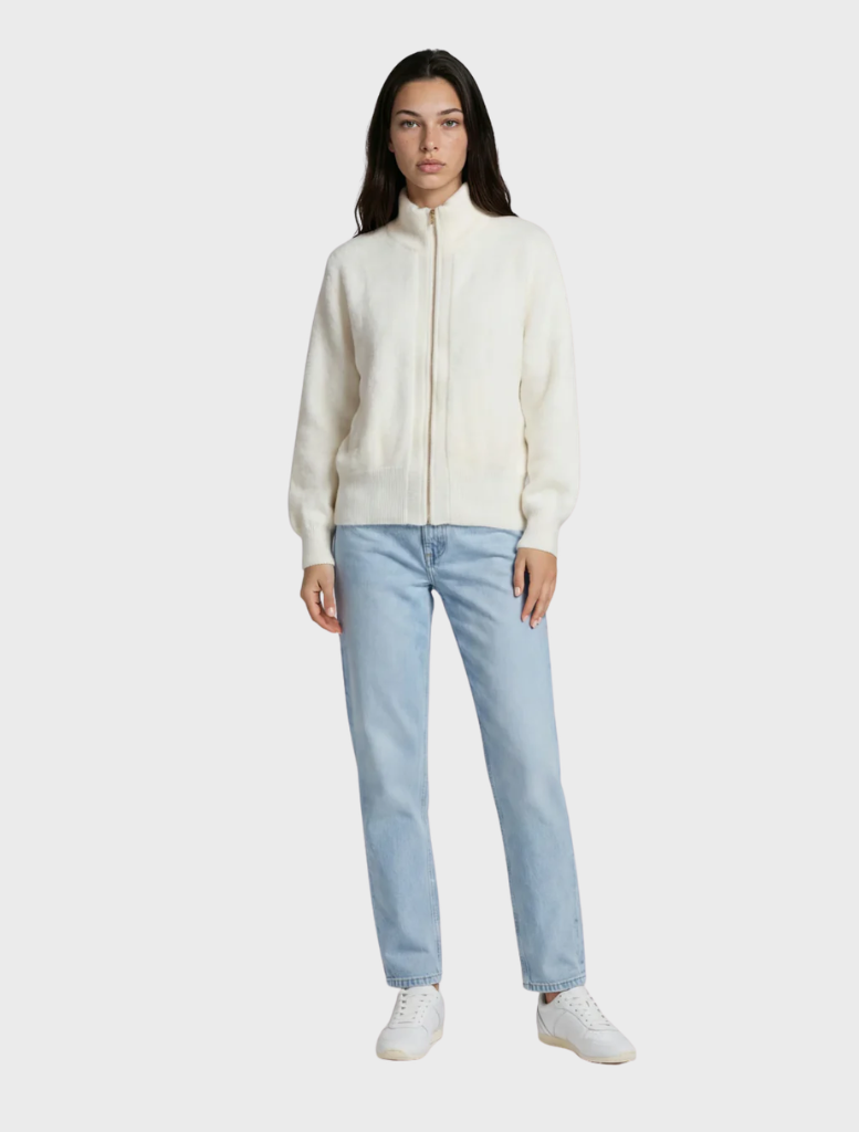 Felix zip-up cashmere bomber jacket in snow color, featuring a sleek design and soft texture for a stylish winter look.