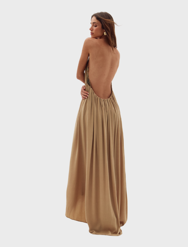 A khaki Fendi Dessire Dress laid flat, showcasing its sophisticated style and quality craftsmanship.