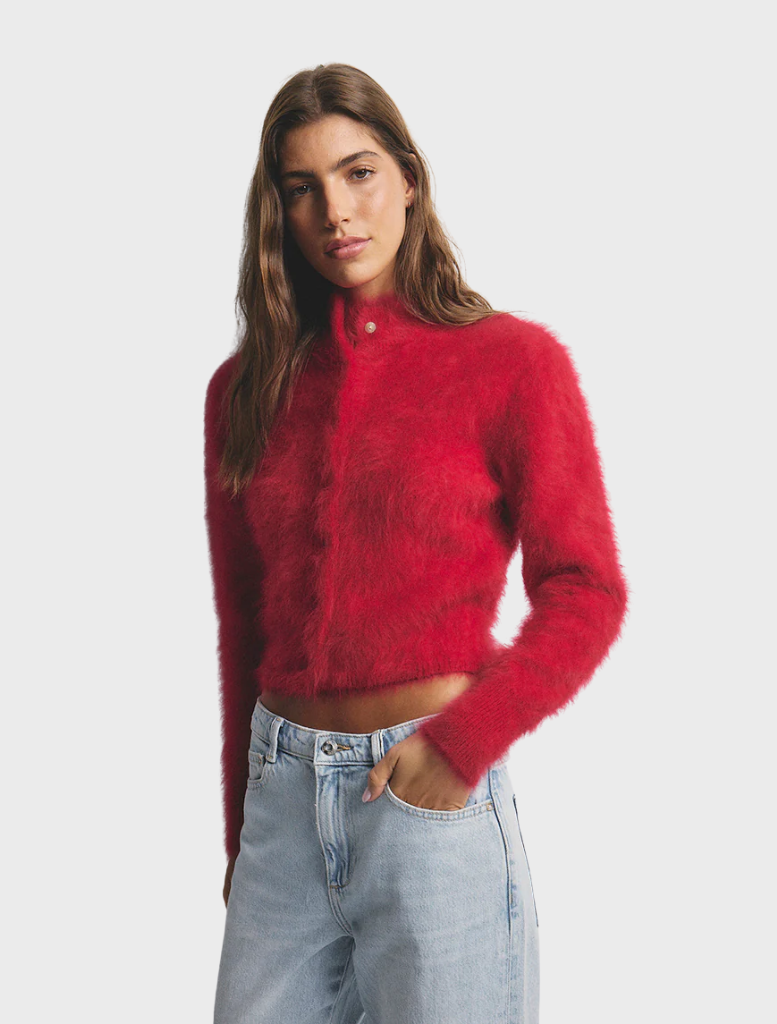 Flame-colored Bella Cashmere Cardigan, featuring a luxurious feel and a classic silhouette for versatile wear.