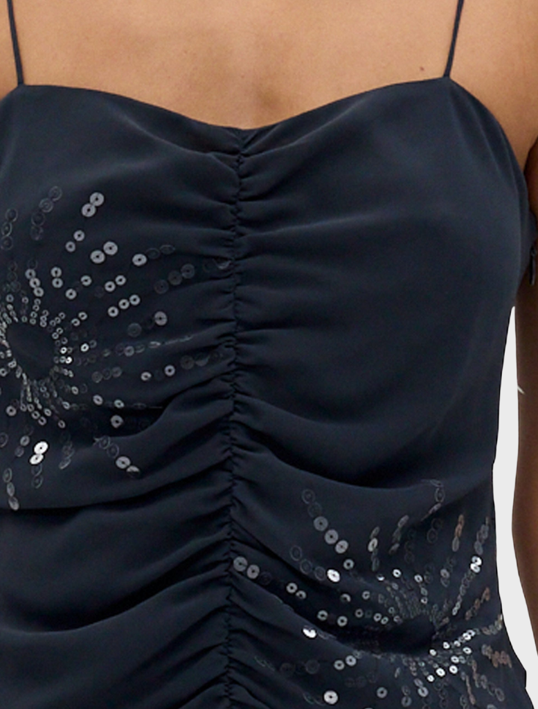 Chic Flicker Gathered Cami in smoke color, designed with gentle gathers for a flattering fit and versatile wear.