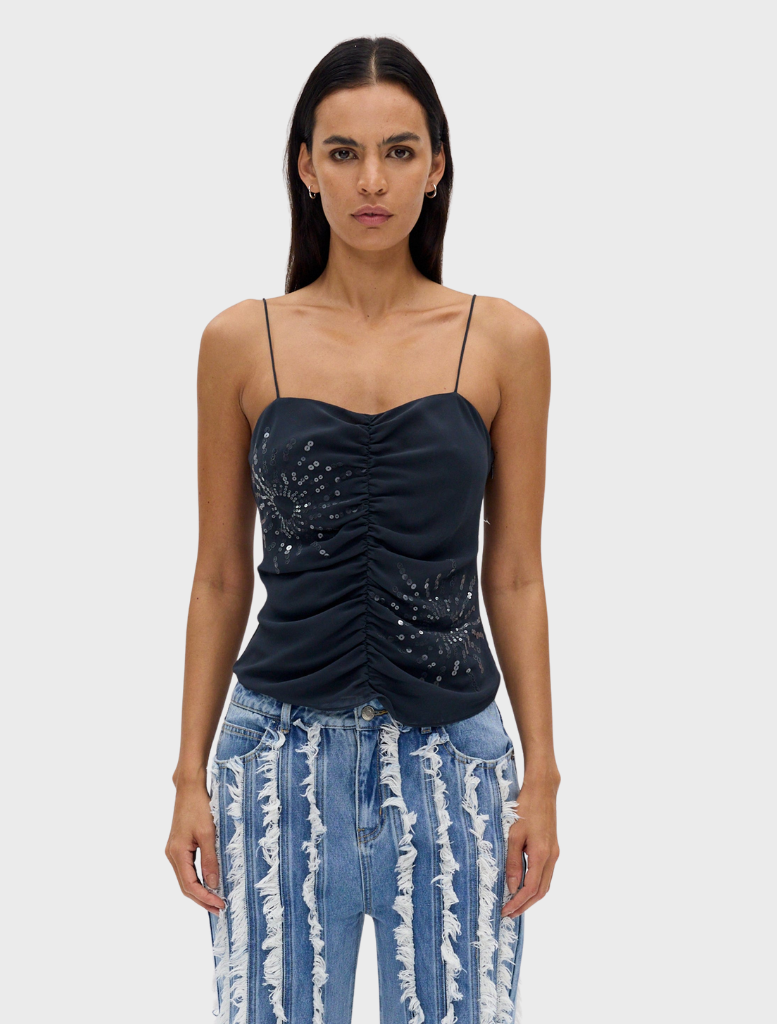 Smoke-hued Flicker Gathered Cami with a unique gathered design and adjustable straps, perfect for casual or dressy occasions.