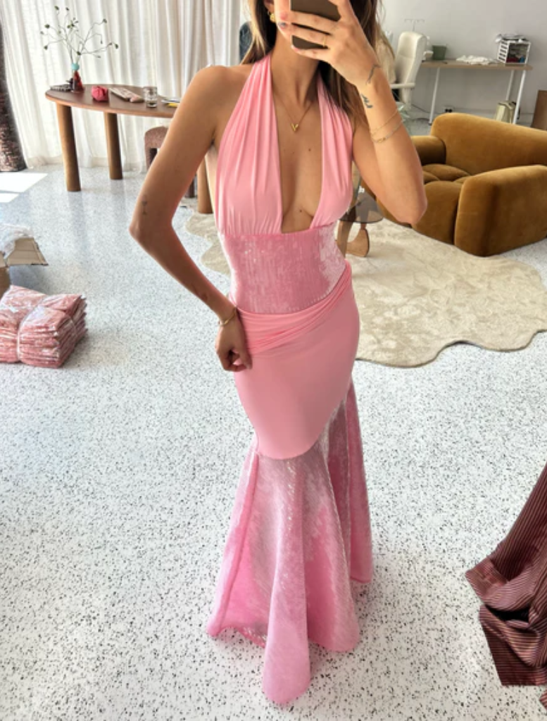 Stylish pink Rtw Florian Dress, designed with a chic silhouette, perfect for evening events and celebrations.