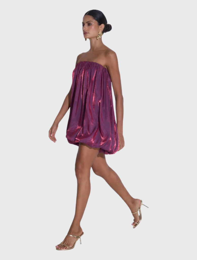 Flute Mini dress in Imperial Shimmer, strapless with gathered neckline, bubble hem, and relaxed mini length for an elegant look.
