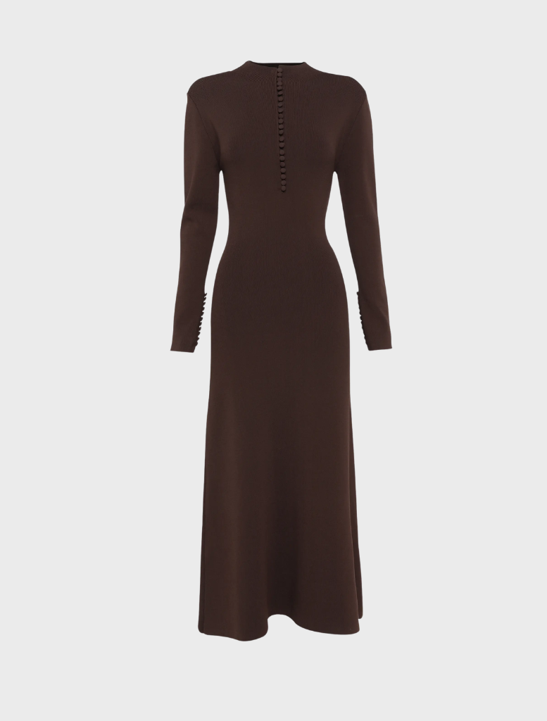 Elegant chocolate Windsor midi dress featuring a fitted top and a flowing skirt, ideal for formal events.