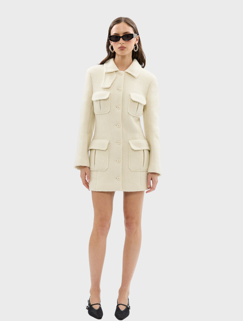 Ivory Franca Wool Blazer Dress featuring a tailored silhouette and elegant design, perfect for formal occasions.