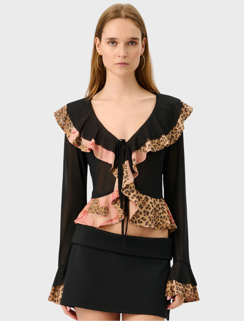 Frill cardigan featuring a mesh design with a leopard print pattern, showcasing a stylish and trendy look.